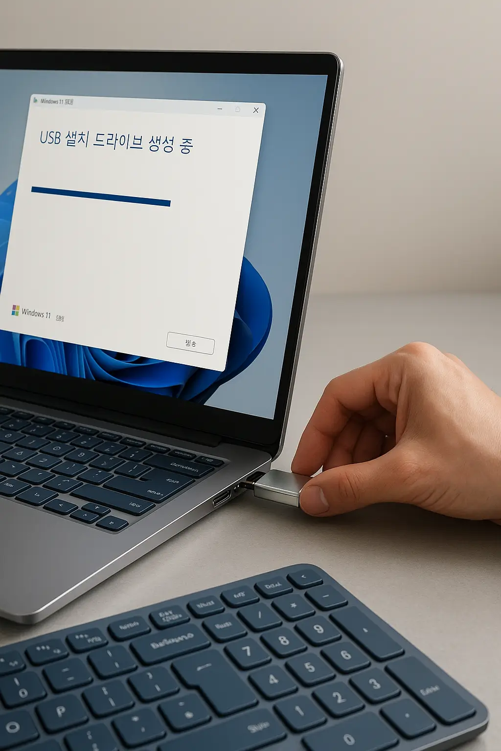 윈도우 11 USB 설치 드라이브 생성 중 - 노트북에 USB 메모리를 꽂고 Media Creation Tool 실행 화면