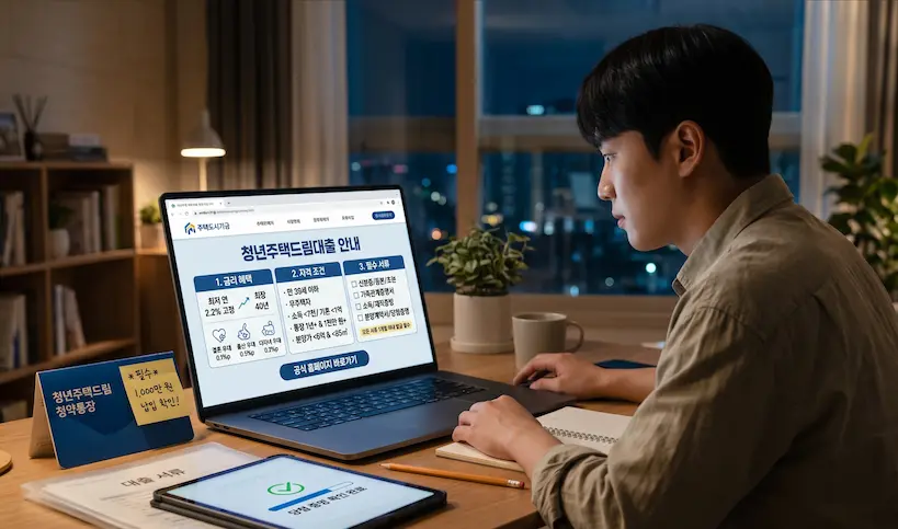 청년주택드림대출 검색을 하고 있는 젊은 청년 이미지