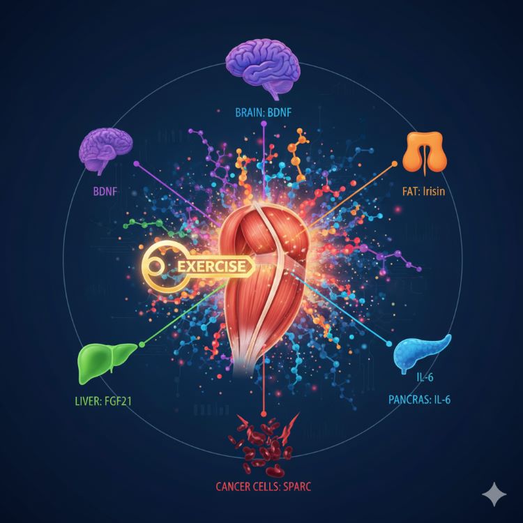 근육에서 마이오카인이 분비되어 전신으로 퍼지는 모습을 보여주는 의학 인포그래픽. 중앙에 운동하는 사람의 근육 단면도가 있고, 근육에서 다양한 색깔의 마이오카인 분자들이 방사형으로 퍼져나가는 모습. 각 마이오카인이 도달하는 장기들(뇌-BDNF/보라색, 지방-아이리신/주황색, 췌장-IL6/파란색, 간-FGF21/초록색, 암세포-SPARC/빨간색)이 연결선으로 표시. '운동'이라는 열쇠가 근육 곳간을 여는 시각적 은유. 역동적이고 과학적인 느낌의 멀티컬러 그라데이션