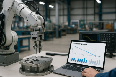 공장 내부에서 로봇 암이 금속 부품을 분석 중이며, 옆의 노트북 화면에는 ‘Durability analysis’ 그래프가 표시된 자동화 설비 내구성 분석 장면.