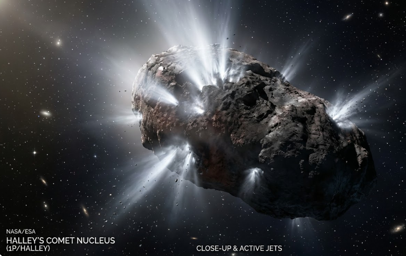 혜성 핼리의 실제 모습 — 1986년 조토 탐사선이 촬영한 핵 표면과 가스 분출 제트가 선명한 근접 사진 스타일 일러스트