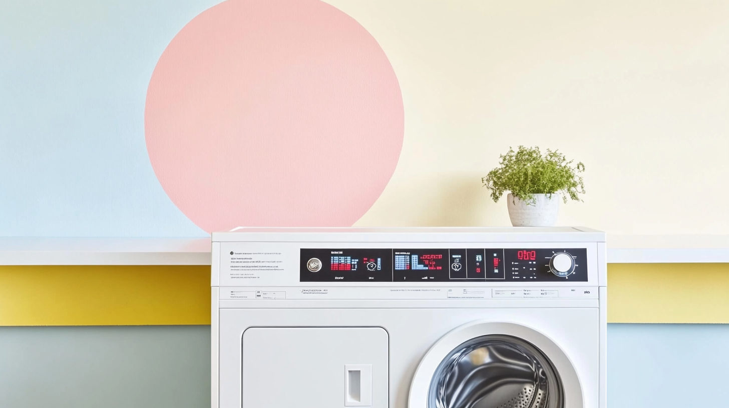 디지털 디스플레이가 돋보이는 미니멀한 세탁실, 부드러운 파스텔 톤으로 현대적인 홈 인테리어를 완성한 모습