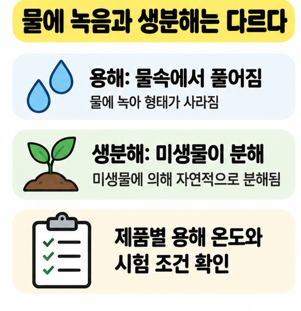 물에 녹는 성질과 생분해가 다른 개념임을 물방울과 미생물 아이콘으로 비교한 카드