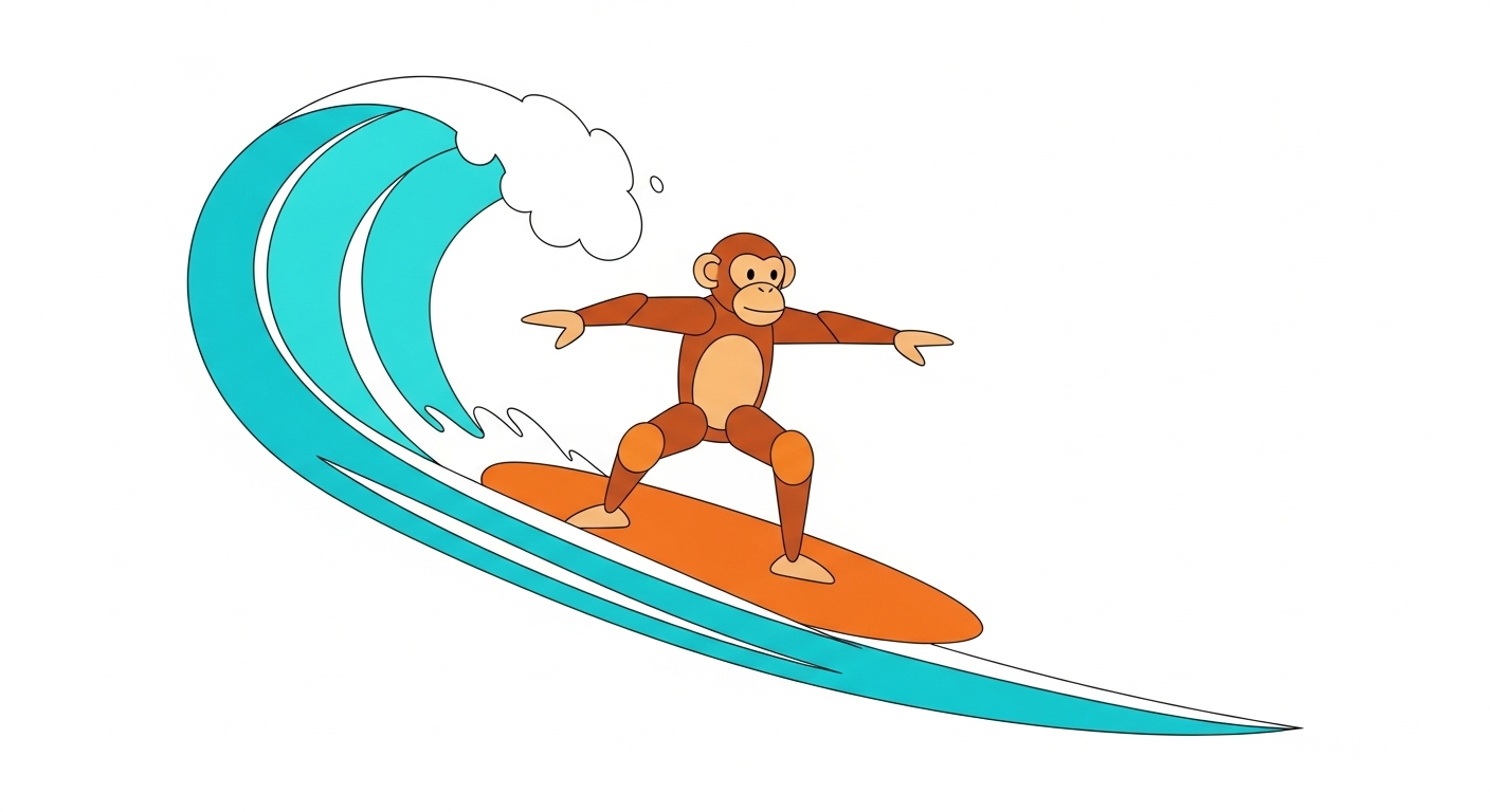 파도 위에서 서핑을 즐기며 변화하는 환경에 유연하게 적응하는 원숭이 캐릭터 일러스트