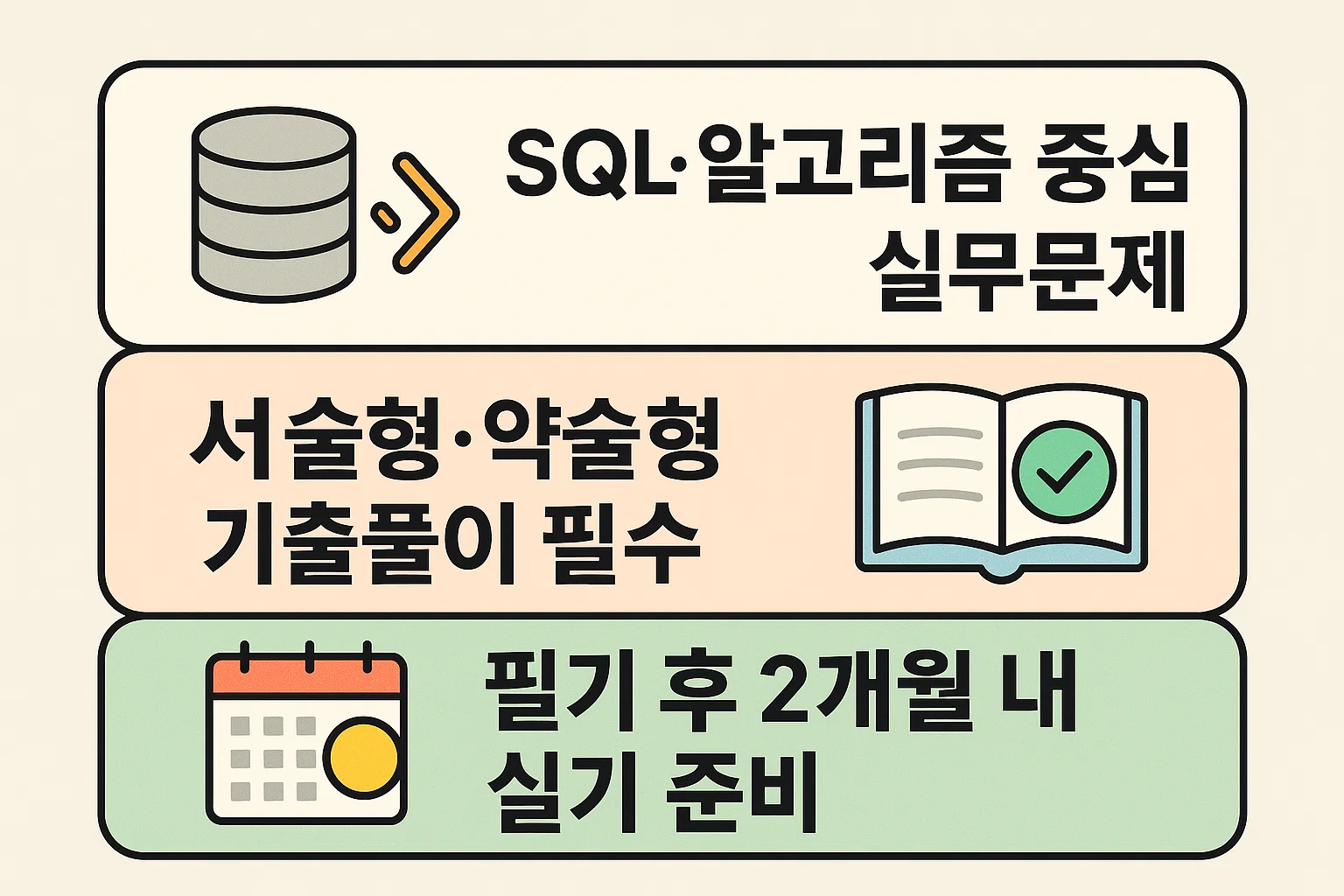 SQL, 알고리즘 중심 실무문제, 기출문제 유형, 실기 대비 기간 등 실기시험 합격을 위한 핵심 전략을 정리한 인포그래픽입니다.