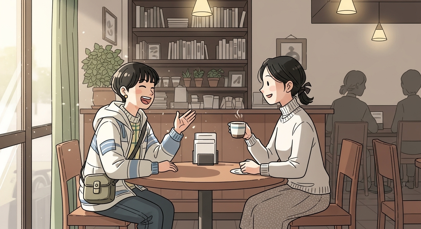 일본의 한적한 카페를 배경으로 한국인(여행자 스타일)과 일본인(현지인 스타일)이 처음 만나 즐겁게 웃으며 가볍게 목례를 하고 있는 장면, 따뜻하고 친근한 느낌의 디지털 일러스트레이션