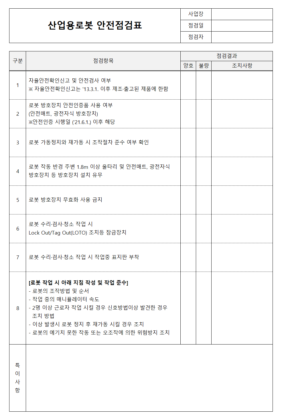 산업용로봇 안전점검표