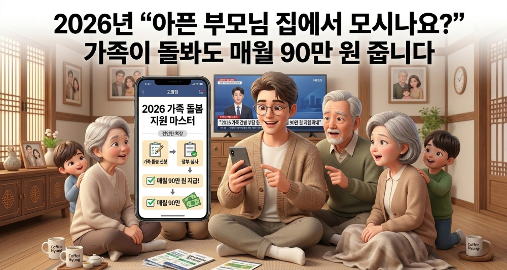 아픈 부모님 집에서 모셔도 매월 90만원 지원금 받는 방법을 안내하는 상황을 재현한 캐릭터 이미지