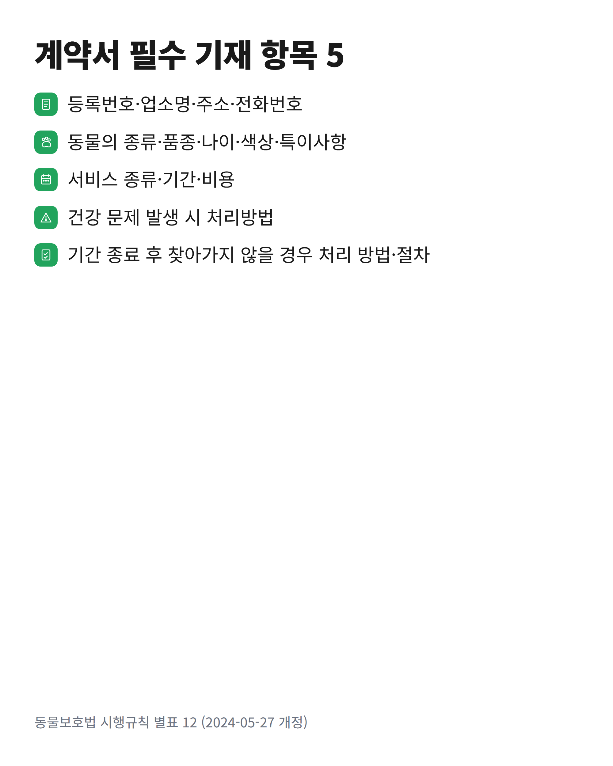 애견호텔 계약서에 들어가야 하는 법정 기재 항목 5가지를 정리한 체크카드