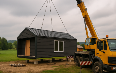 시골 평지에서 크레인이 이동식 소형 주택을 블록 위에 설치하는 장면, 배경에는 초록 들판과 나무가 있는 전원 풍경