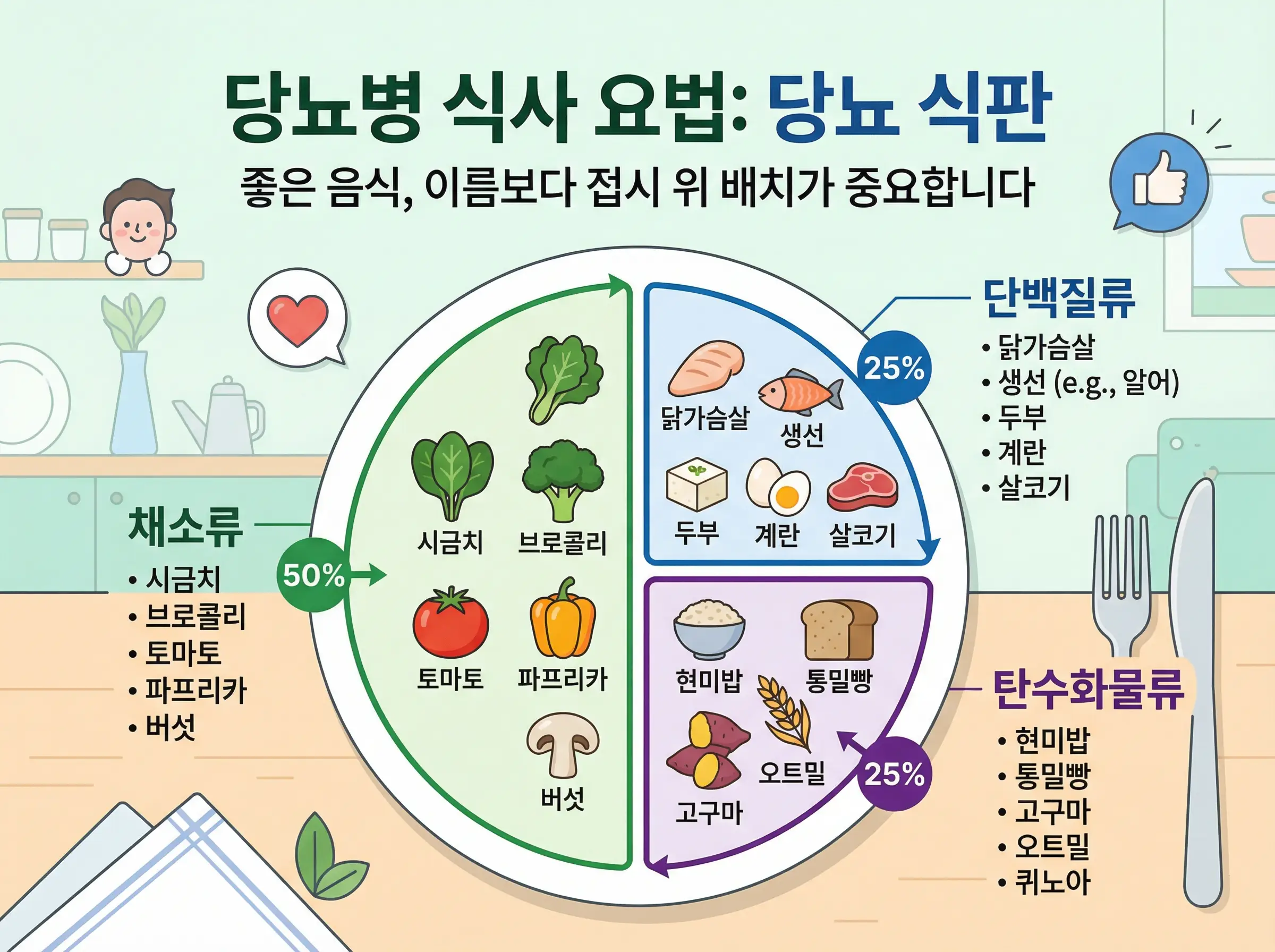 채소, 탄수화물, 단백질로 나눈 당뇨병 접시법 설명 이미지