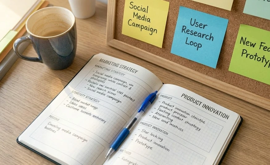 깨끗한 원목 책상 위에 놓인 마케팅 전략 노트와 'User Research Loop', 'Social Media Campaign' 등이 적힌 다채로운 색상의 포스트잇, 그리고 따뜻한 커피 한 잔이 놓여 있는 모습