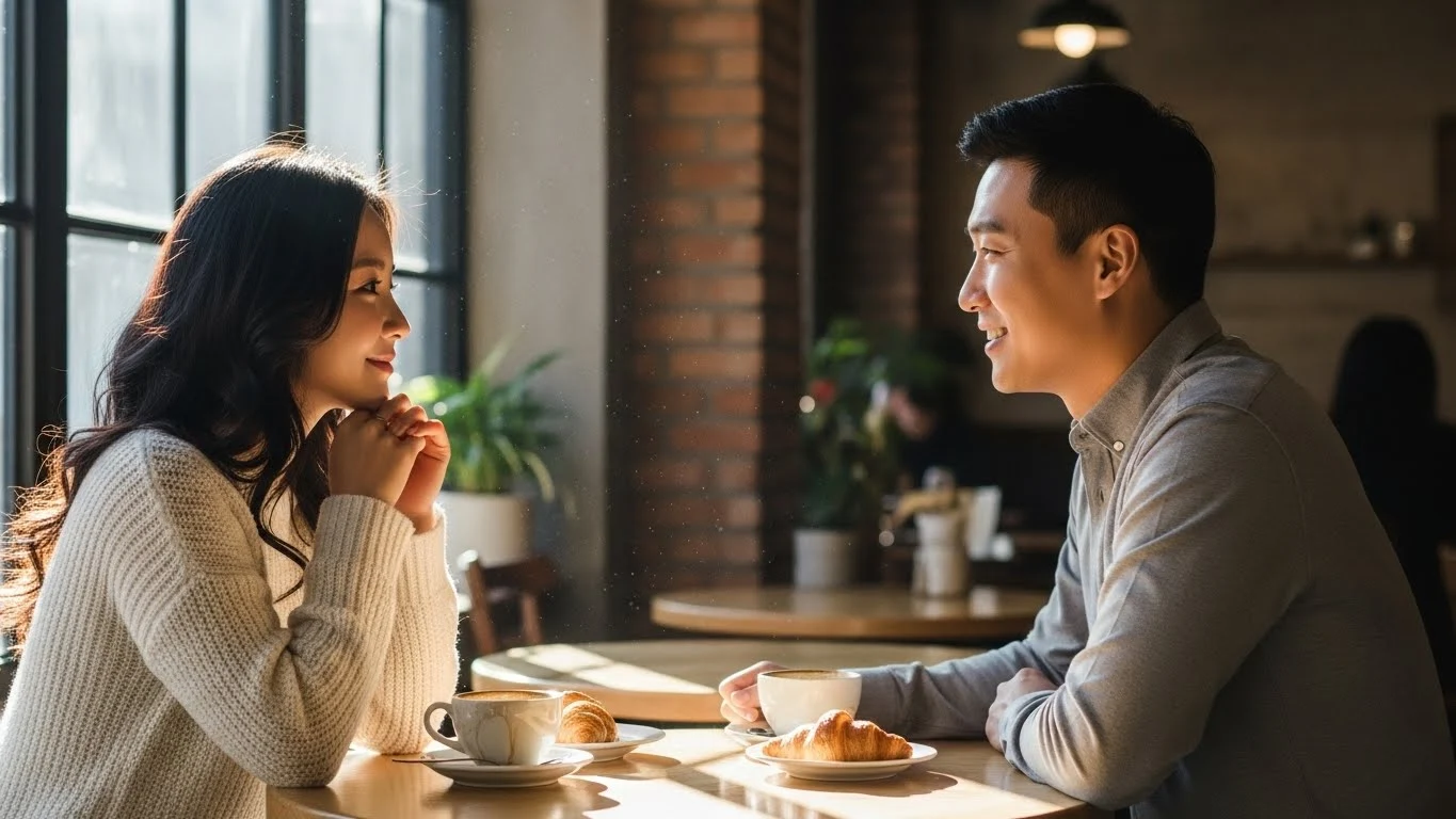 카페에 앉아 부드러운 미소로 서로를 바라보는 커플 이미지