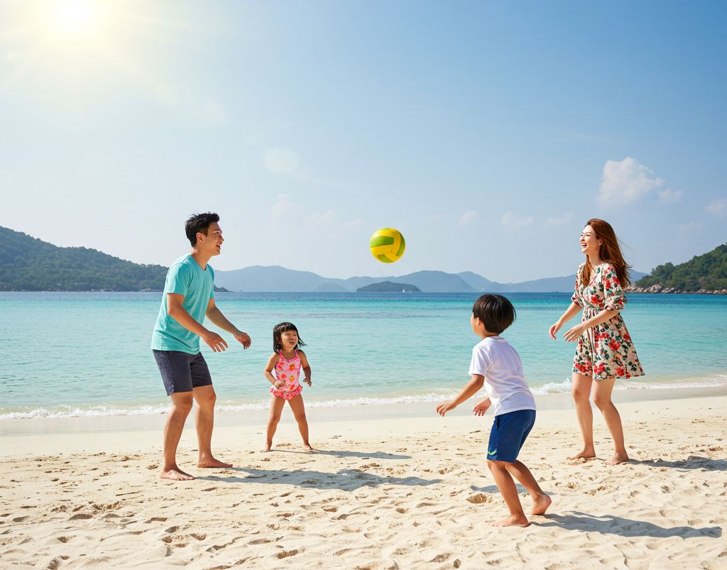 해변에서 4명의 가족이 공놀이 중이다 생성이미지