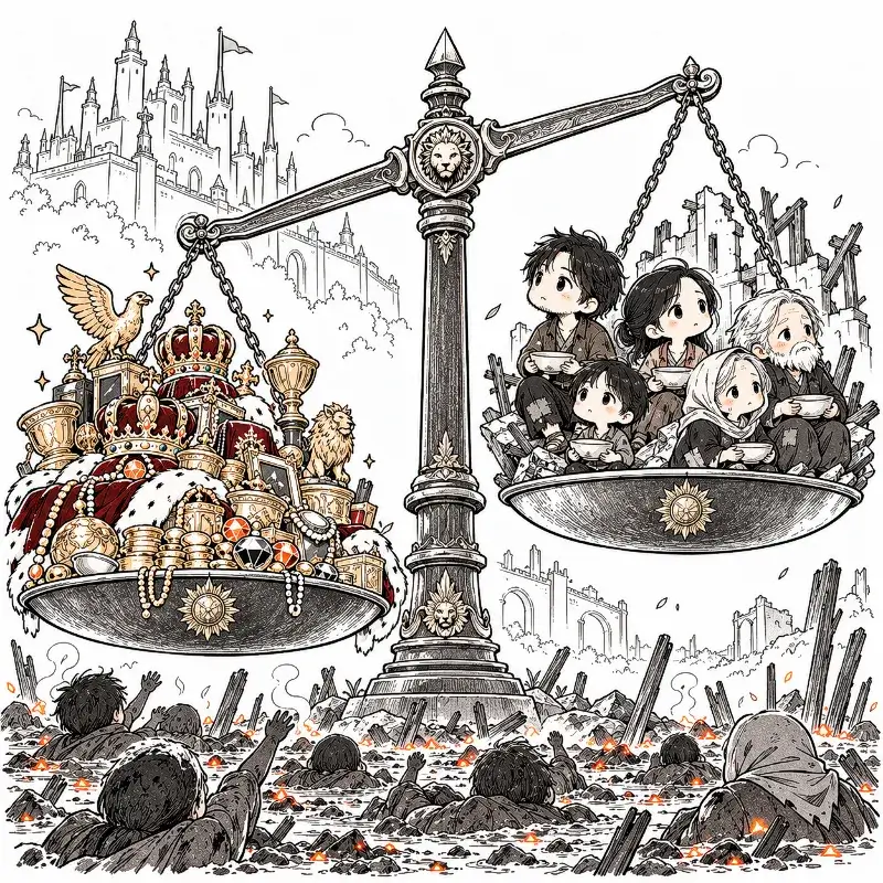 A chibi-style illustration of an unequal scale balancing royal wealth against suffering citizens above mud and glowing embers.