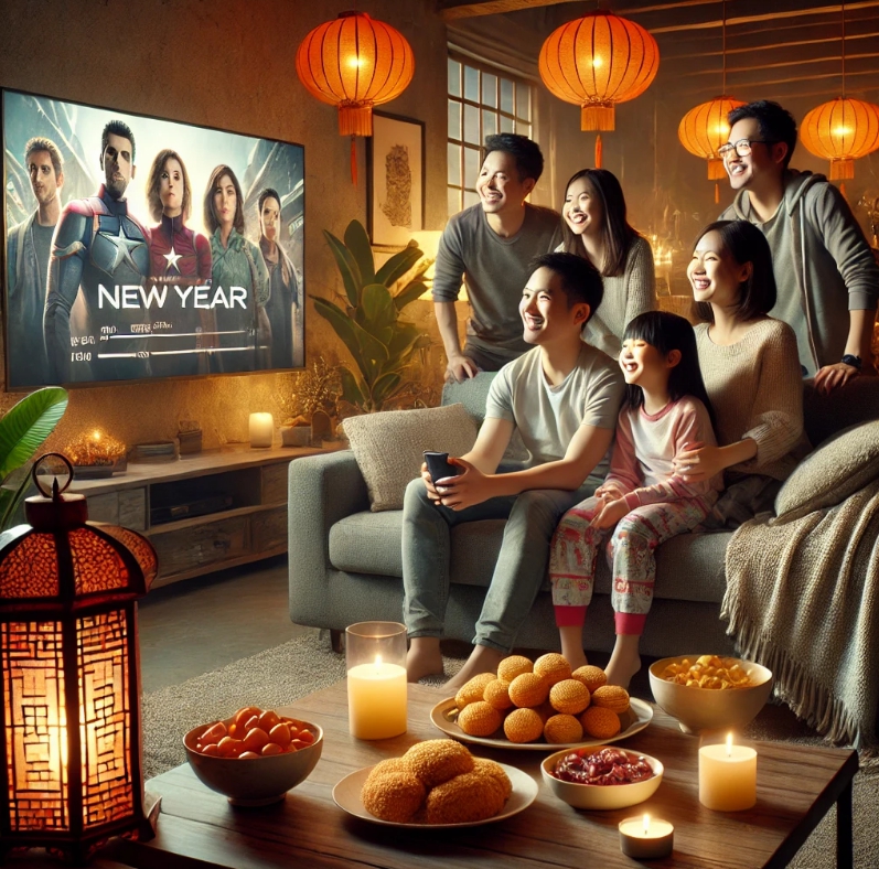 가족들이 소파에 앉아 영화를 시청하는 모습