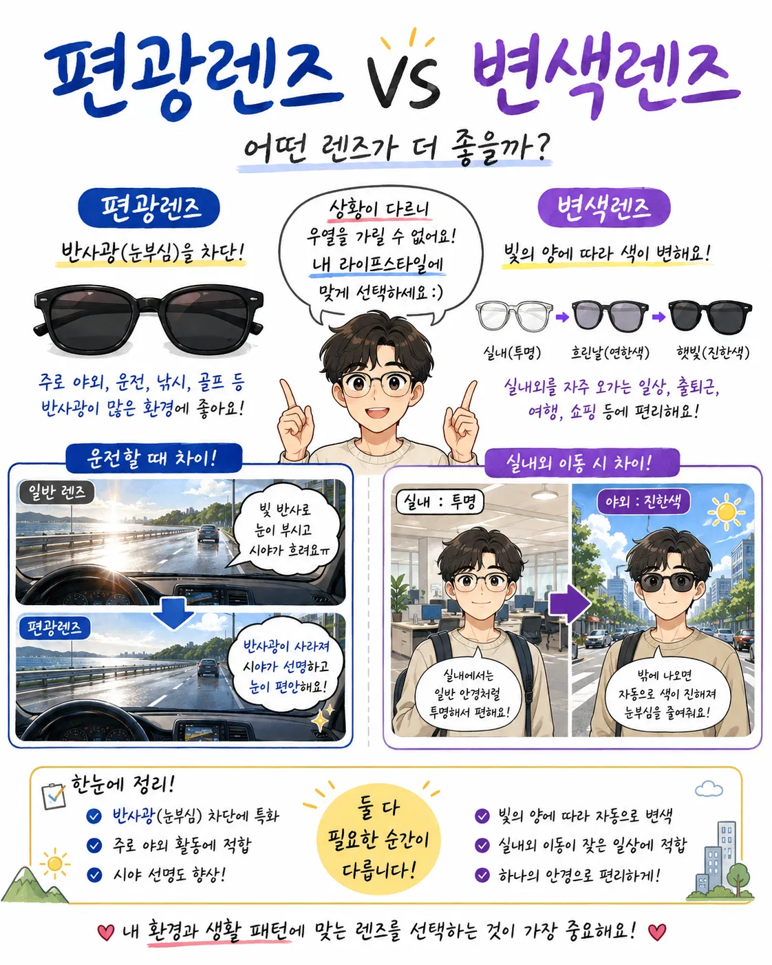 편광렌즈 변색렌즈 비교