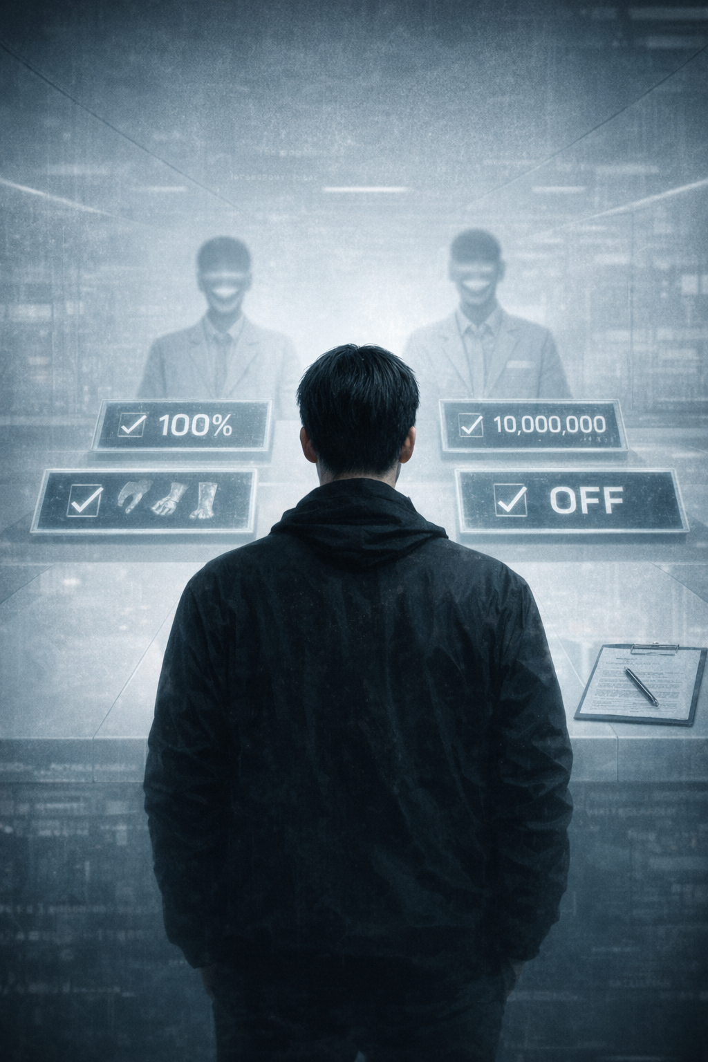 감정이 사라진 세계 5화 대표 이미지, 감정을 통제하는 미래 사회에서 한 남성이 신체 거래 계약 앞에 서서 선택을 강요받는 장면, 디스토피아 SF와 감정 감시 시스템, 인간의 몸과 존재가 상품처럼 제시되는 구조를 보여주는 장면