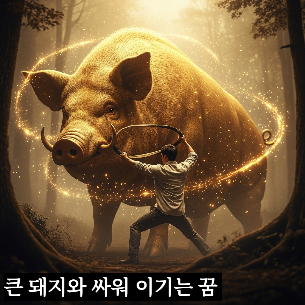 신비로운 숲속에서 거대한 황금빛 돼지와 용맹하게 맞서 싸워 제압하고 있는 현대적인 한국인 남성의 모습, 주변에 찬란한 빛 입자가 흩날리는 시네마틱한 장면