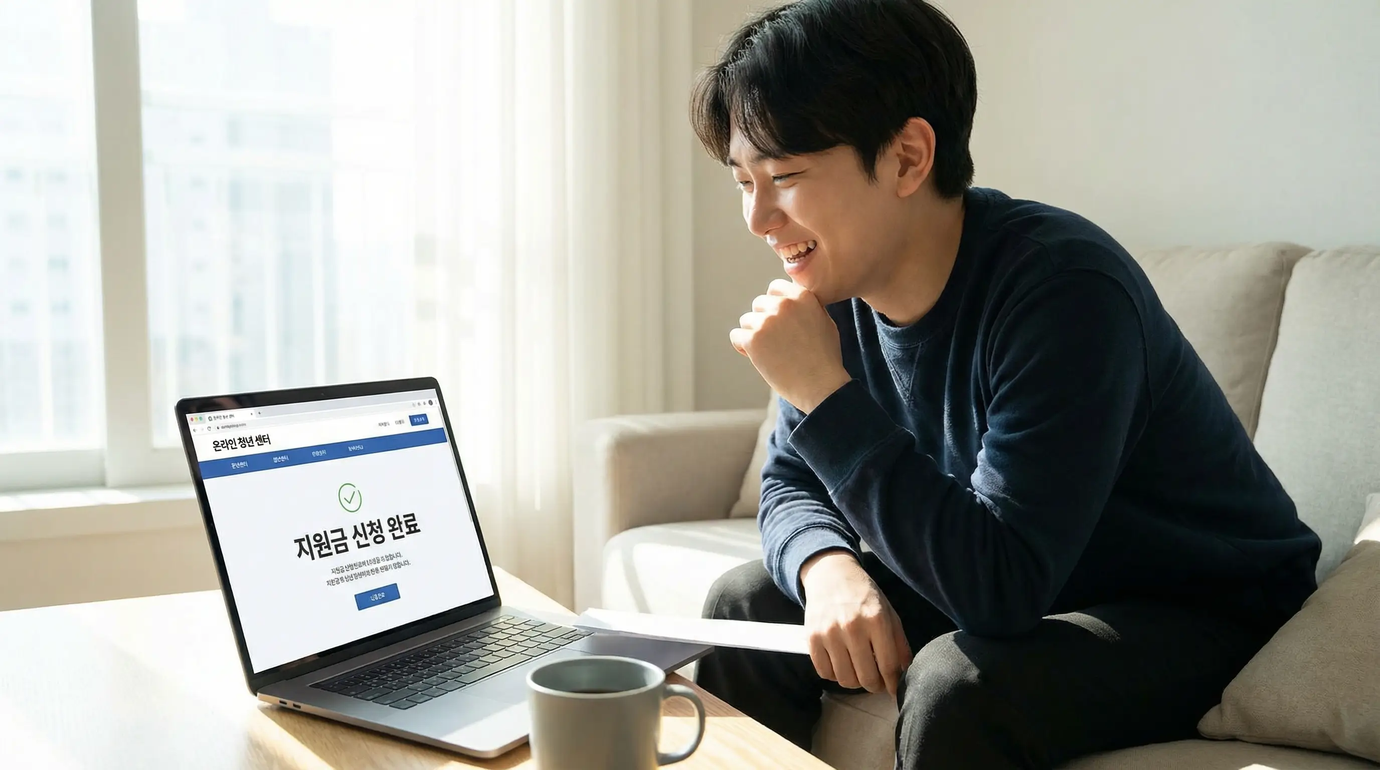 노트북으로 온라인 청년 센터에 접속하여 지원금 신청을 완료하고 안도하는 모습