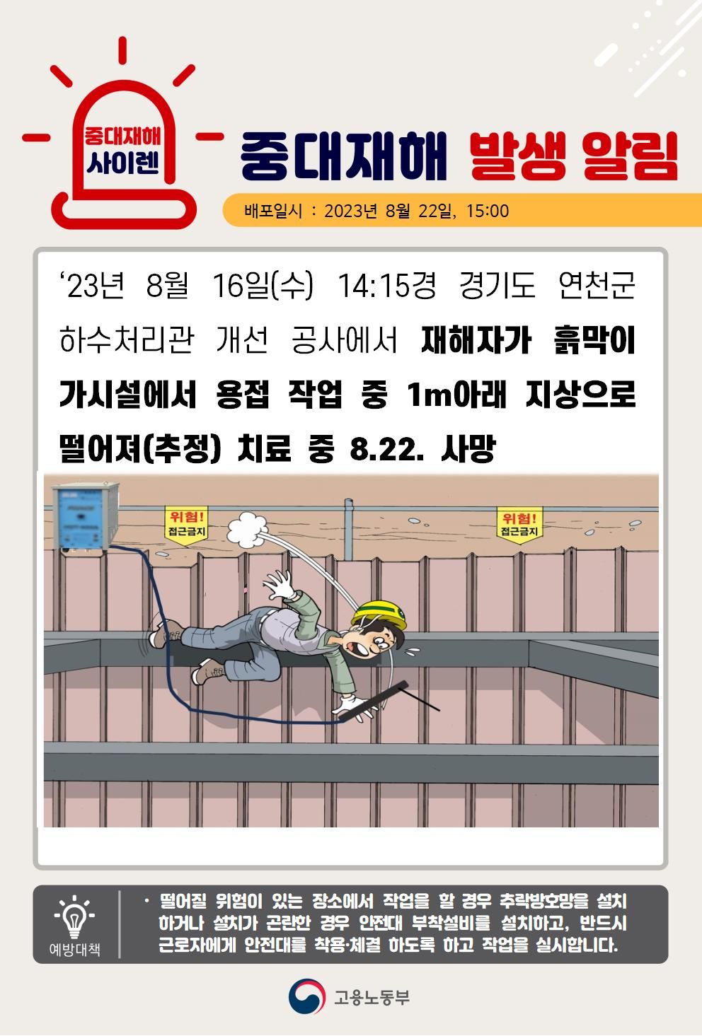 흙막이 가시설에서 용접 작업 중 떨어짐(1m)