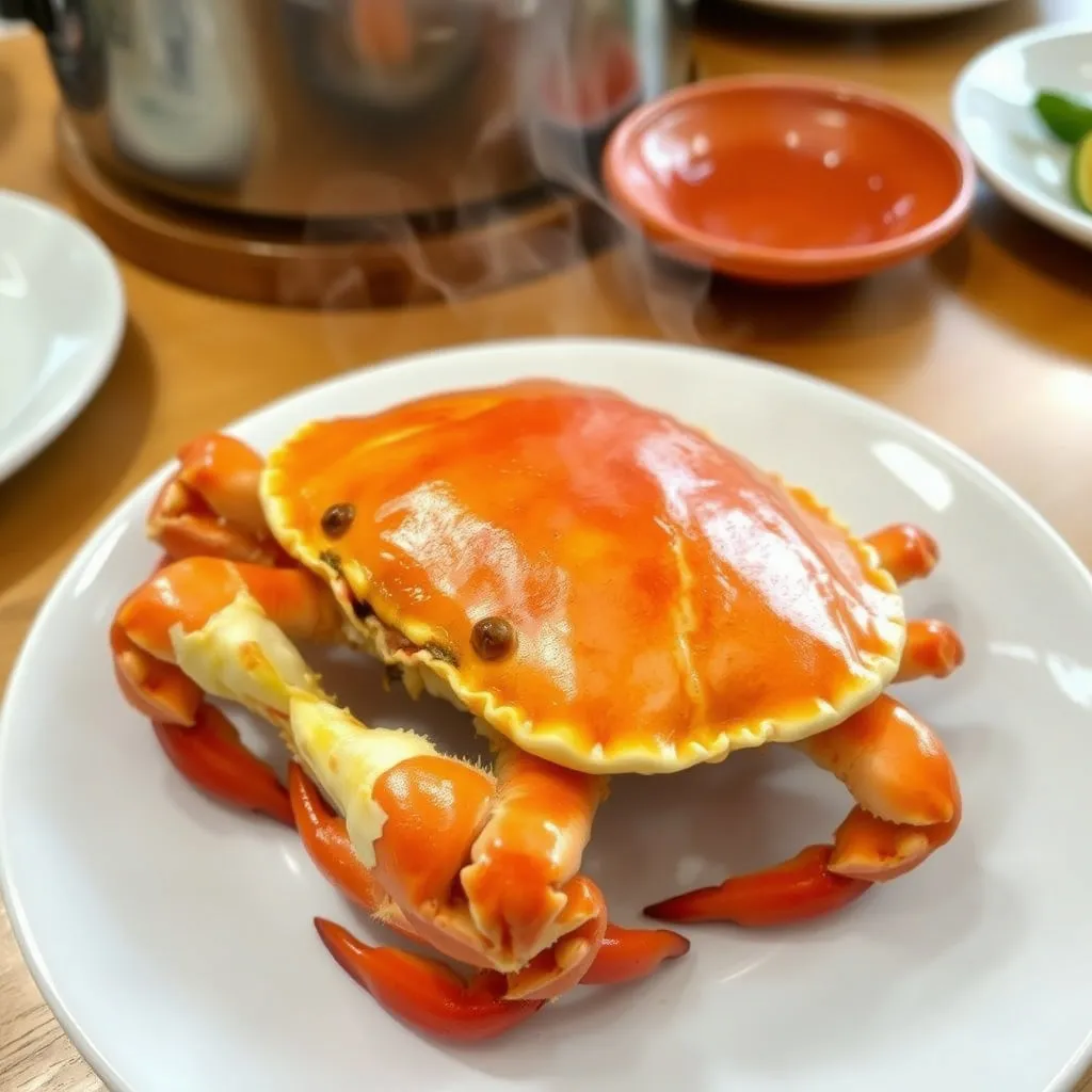 찜기에서 꺼내어 접시에 옮겨 담은, 김이 모락모락 피어오르는 꽃게찜 전체의 모습입니다. 촉촉하고 윤기가 흐르는 표면이 잘 보이도록 클로즈업하며, 배경은 깔끔한 식탁입니다.