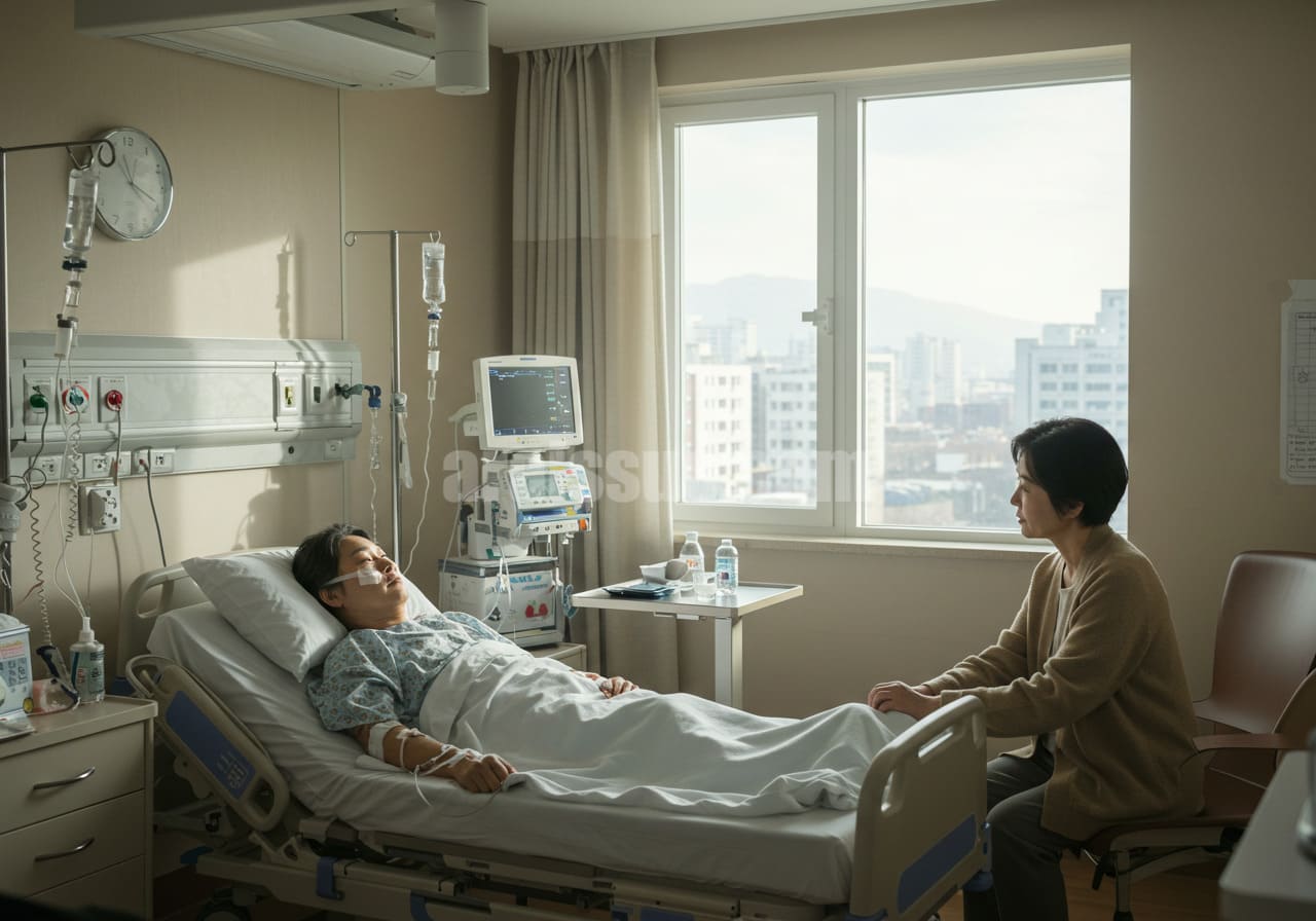 한국 병원 병실에서 보호자가 함께 있는 환자의 모습을 통해 고액의료비 지원 제도의 필요성을 상징적으로 보여주는 이미지입니다. 배경은 한국 도심 병원 내부이며, 의료 장비와 창밖 풍경이 함께 보입니다.