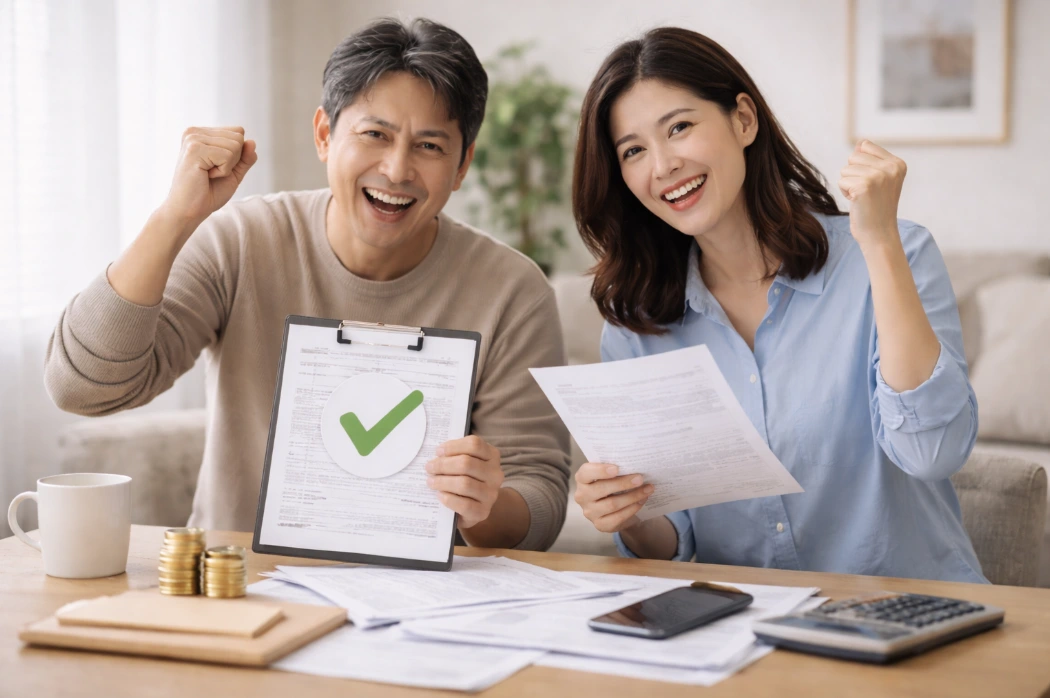 월세 연말정산 절차를 마치고 서류를 확인하며 안도하는 40대 부부의 모습