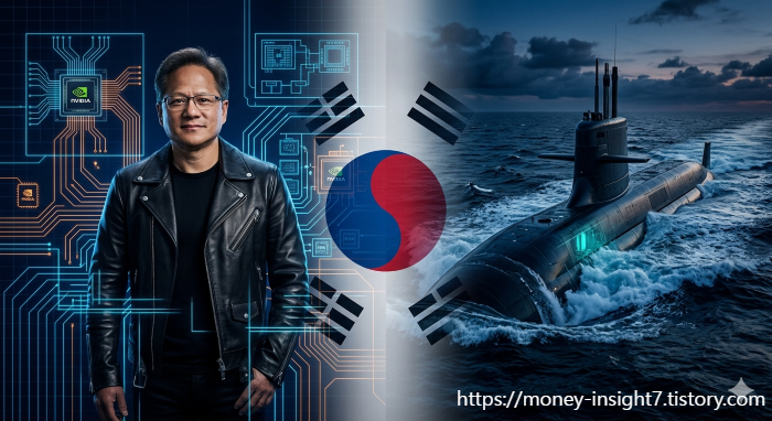 젠슨 황 엔비디아 CEO와 핵추진 잠수함을 분할 구성한 이미지. 두산에너빌리티의 AI 전력·원잠 수혜 구조를 상징한다.