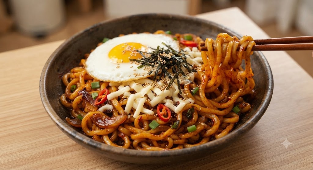 Visually emphasizes the appeal of stir-fried ramyeon cooked intensely without broth. The sauce perfectly coats the glossy noodles, topped appetizingly with a sunny-side-up fried egg, gooey melted mozzarella cheese, finely chopped green onions, savory seaweed flakes, and toasted sesame seeds. Captured in a dynamic angle with chopsticks lifting noodles, illustrating a texture and flavor profile completely distinct from regular soup ramyeon.