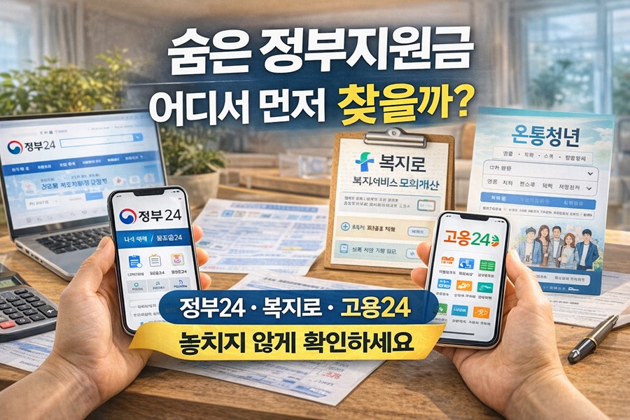 정부24, 복지로, 고용24 같은 공식 사이트를 통해 숨은 정부지원금을 확인하는 방법을 안내하는 이미지