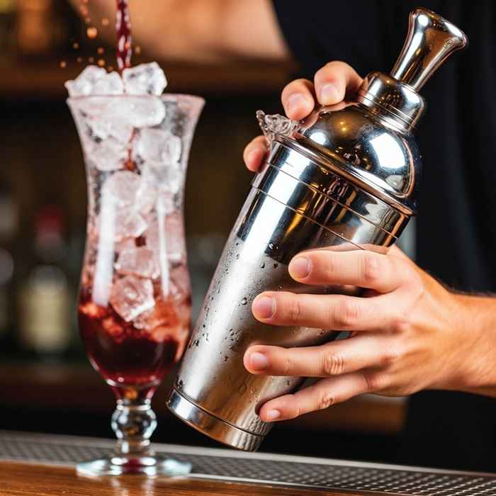 붉은 빛의 재료들을 얼음과 함께 강렬하게 흔드는 알라바마 슬래머 제조 과정