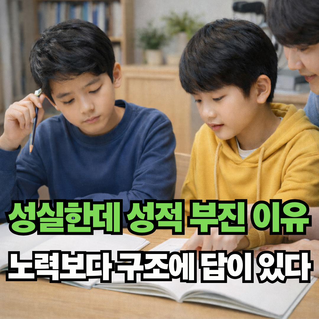 책상 앞에서 문제집을 풀며 학습 구조를 점검하는 학생과 보호자
