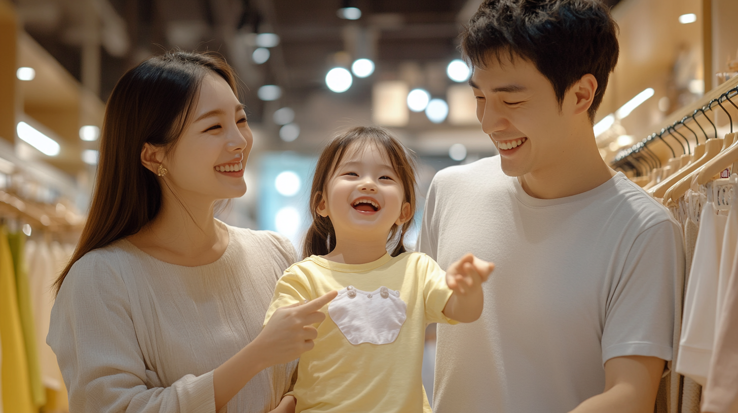 어린이날 선물로 티셔츠를 선물하는 부모의 모습