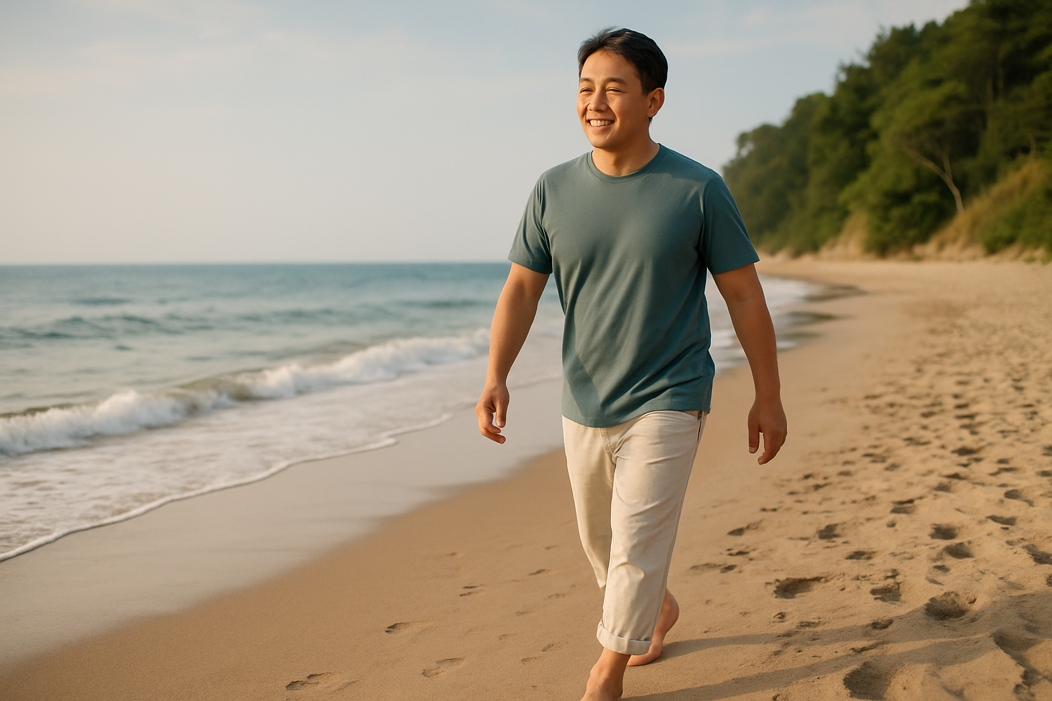 맨발로 바닷가 백사장을 걷고 있는 남성