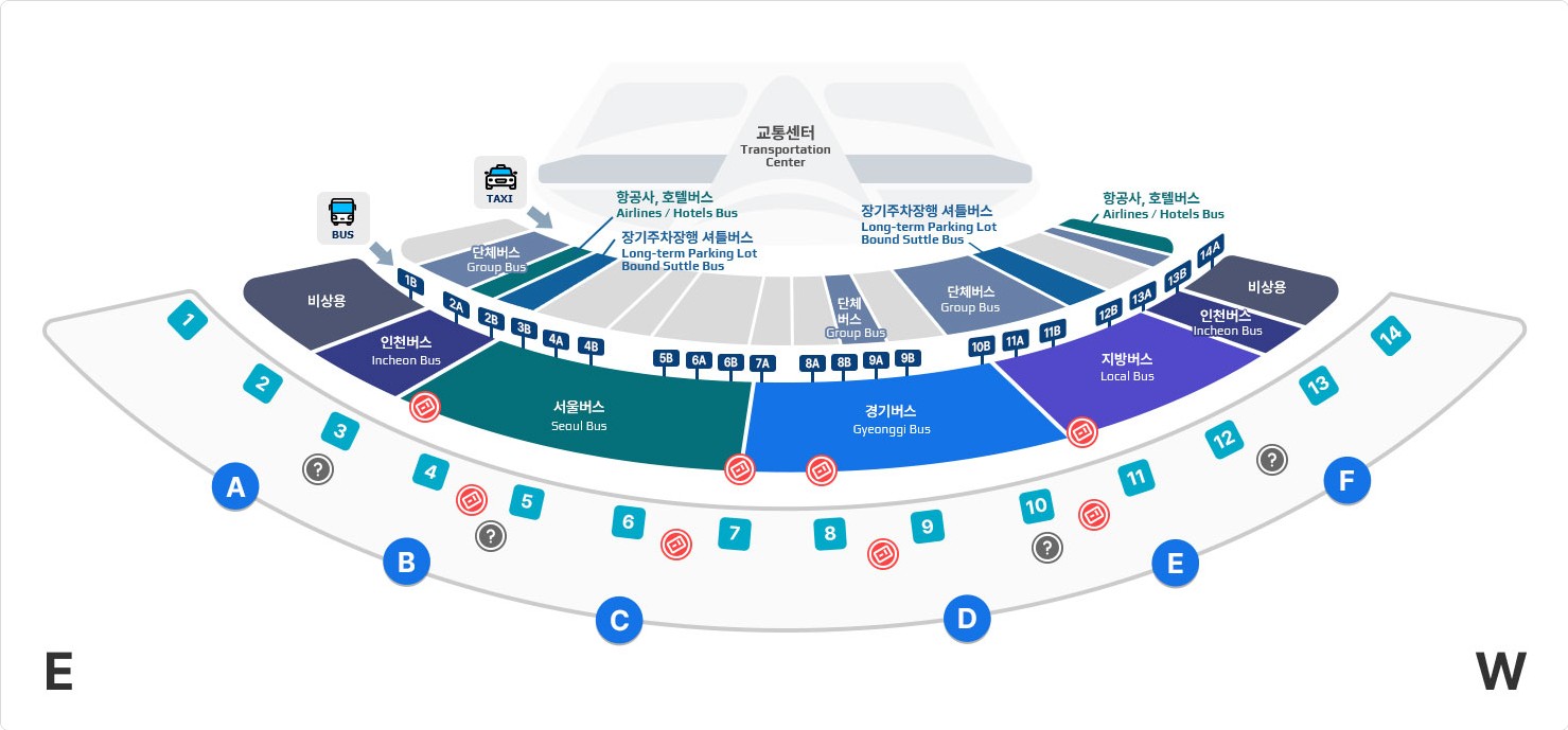 공항 교통센터와 버스 탑승 위치를 보여주는 인천공항 터미널 맵