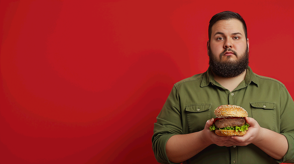 햄버거를 들고 있는 과체중 남성, 다이어트 중 하는 실수