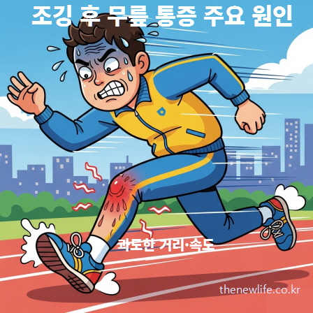 과도한 거리와 속도로 달리다 무릎 통증을 겪는 남성 러너 일러스트