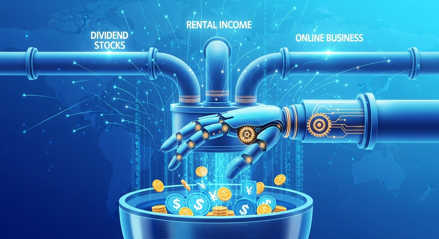 배당주, 부동산, 온라인 부업 등 다양한 수익 파이프라인이 자동화된 시스템으로 돈을 모으는 모습