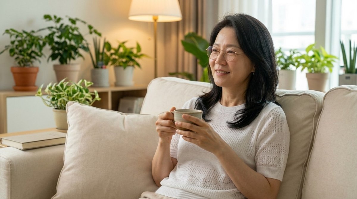 집 안 소파에서 식물들에 둘러싸여 편안하게 휴식을 취하며 자신을 돌보는 중년 여성의 모습