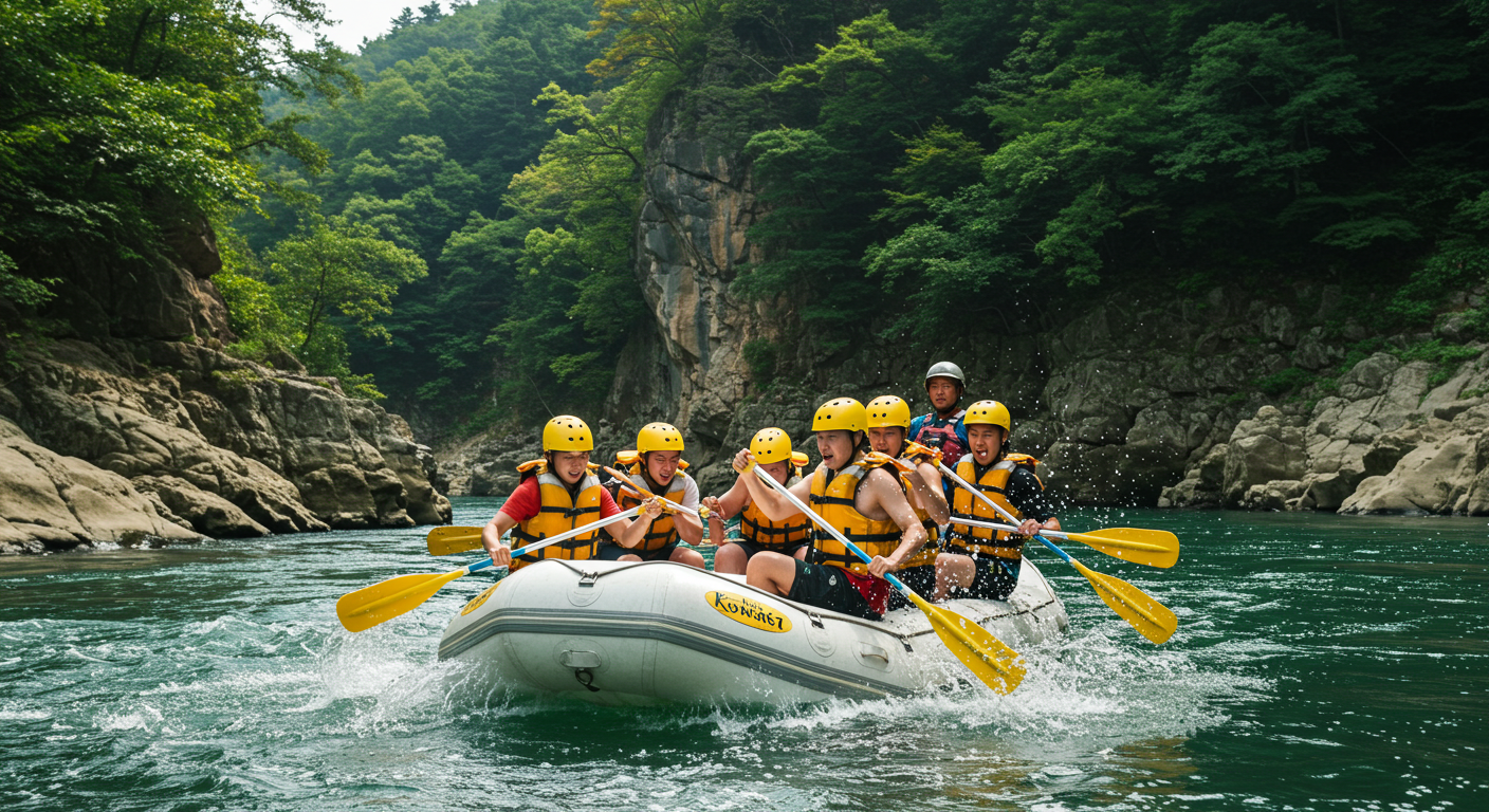 영월 동강 래프팅 코스에서 한국인 참가자들이 짜릿하게 노를 젓는 모습