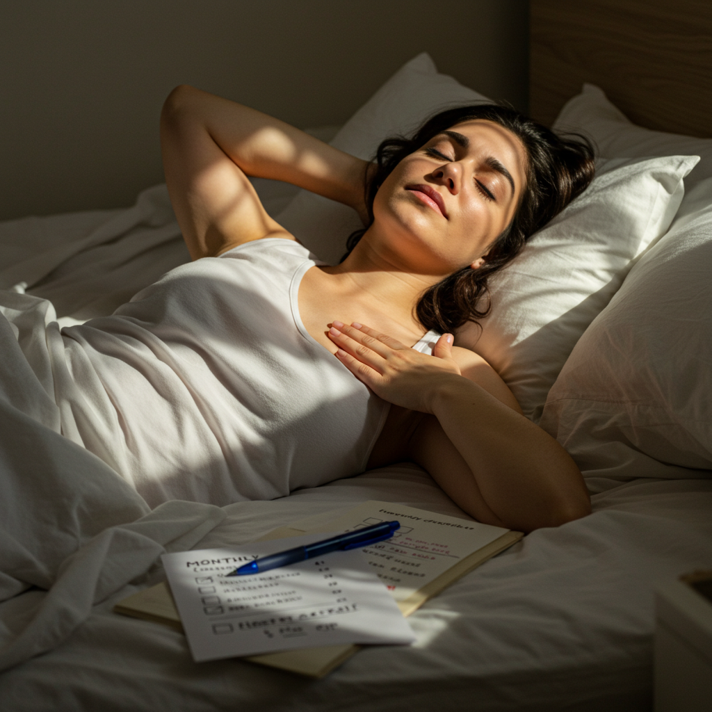 [이미지3] 유방 자가검진을 하는 여성의 체크리스트. 여성이 침대에 편안하게 누워 한 손을 머리 위로 올리고 다른 손으로 유방을 만져보는 모습. 옆에는 '매달 체크리스트'라는 문구가 적힌 수첩이 놓여 있다.