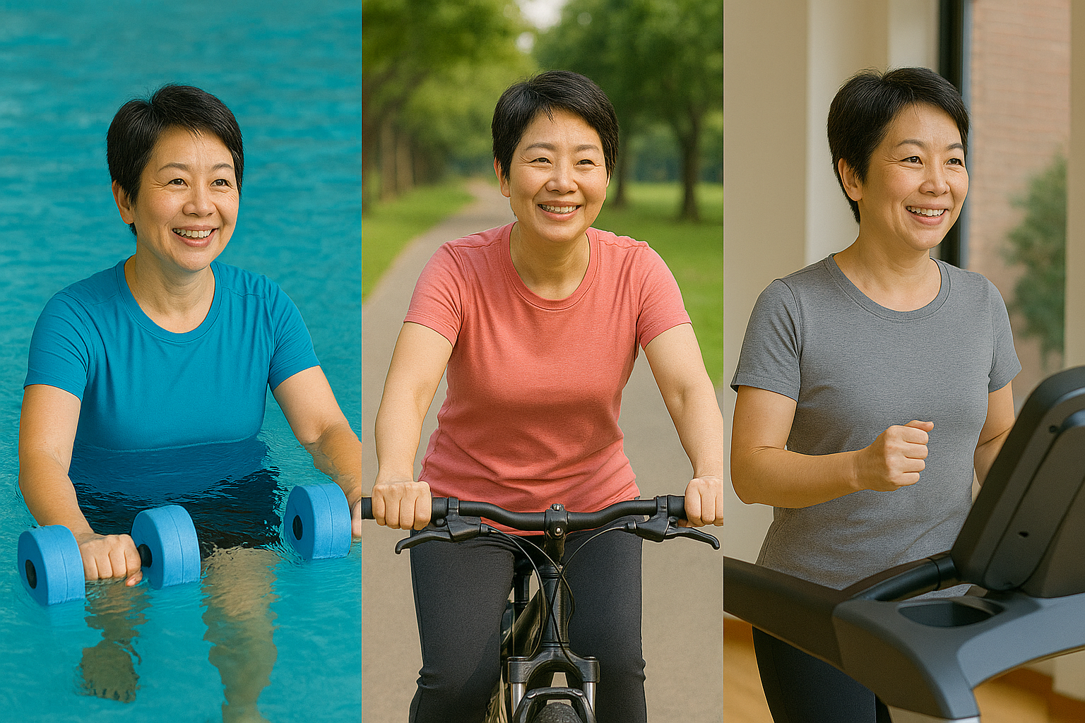 무릎에 좋은 수중운동, 자전거, 실내 걷기를 하고 있는 50대 여성