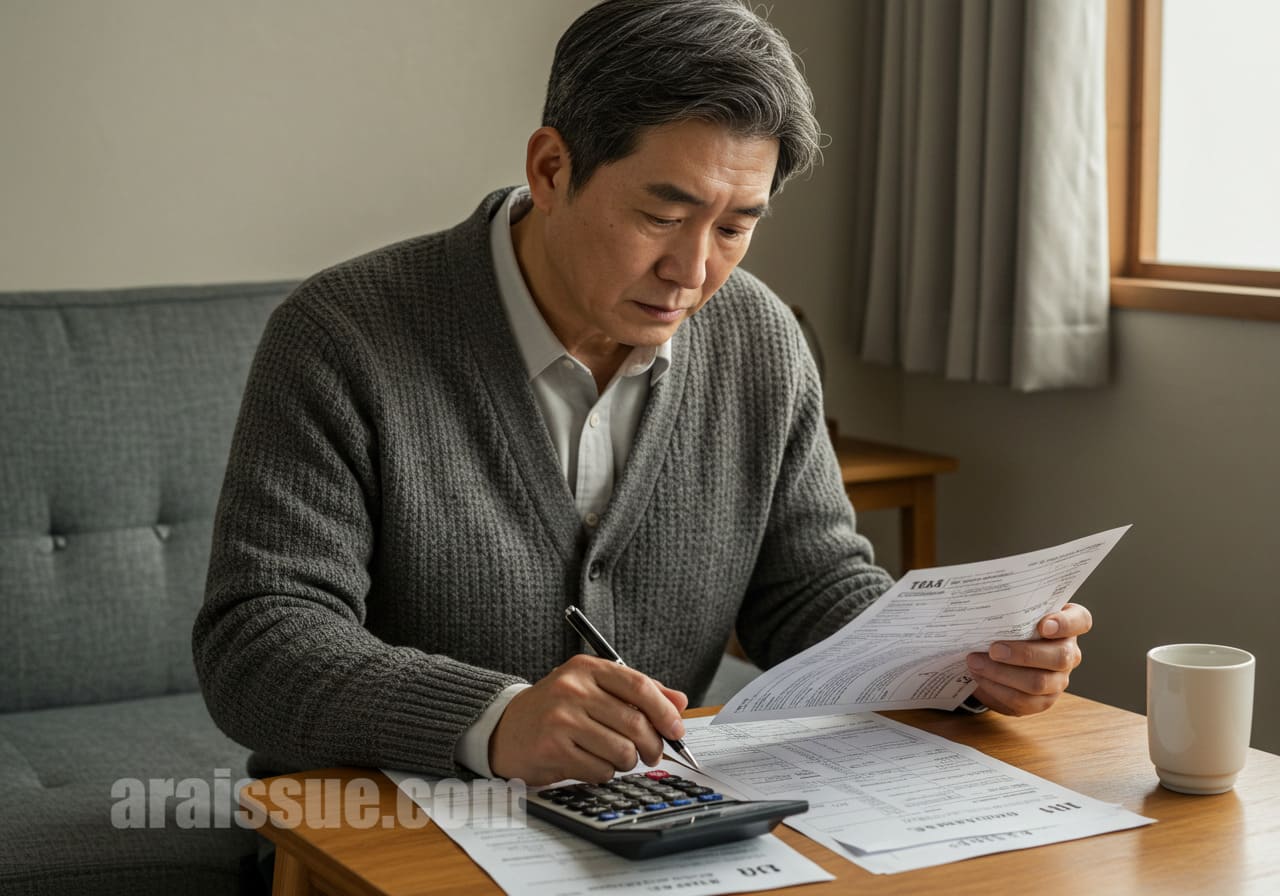 의료비 공제 가능 금액을 계산하는 중년 남성