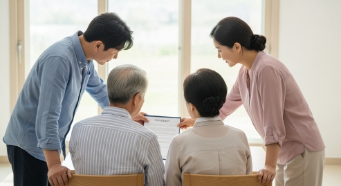 자녀와 함께 계약서 보는 노부부의 뒷모습