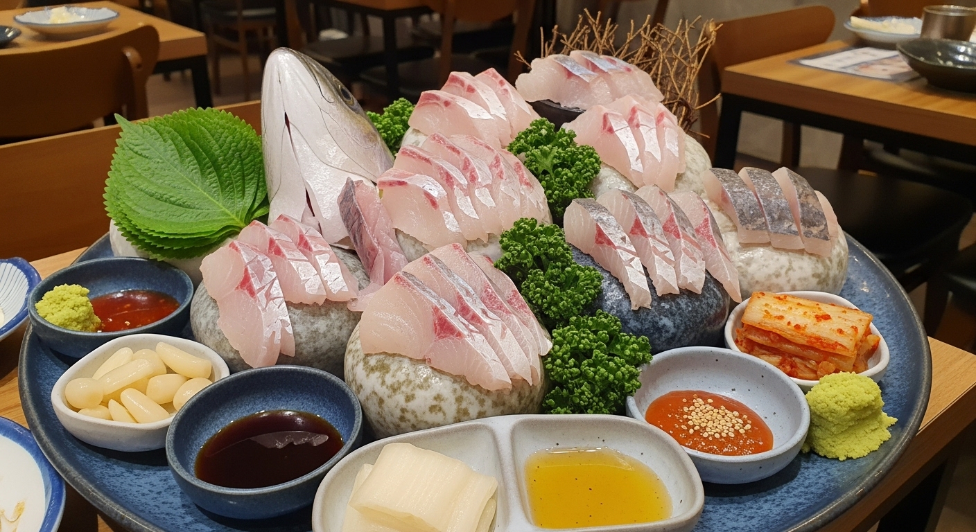 다양한 부위의 대방어회와 함께 백김치, 명이나물, 특제 김 등 다채로운 곁들임 조합이 정갈하게 놓여있는 먹음직스러운 모습.