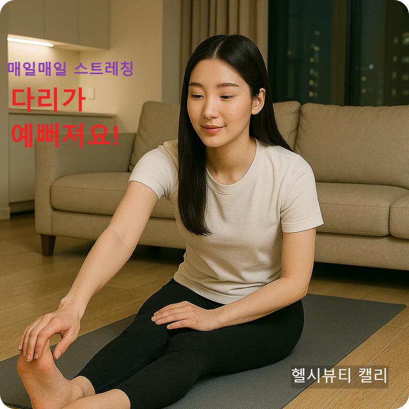 아파트 거실에서 홈트레이닝으로 매일매일 다리 스트레칭을 하는 20대 여성