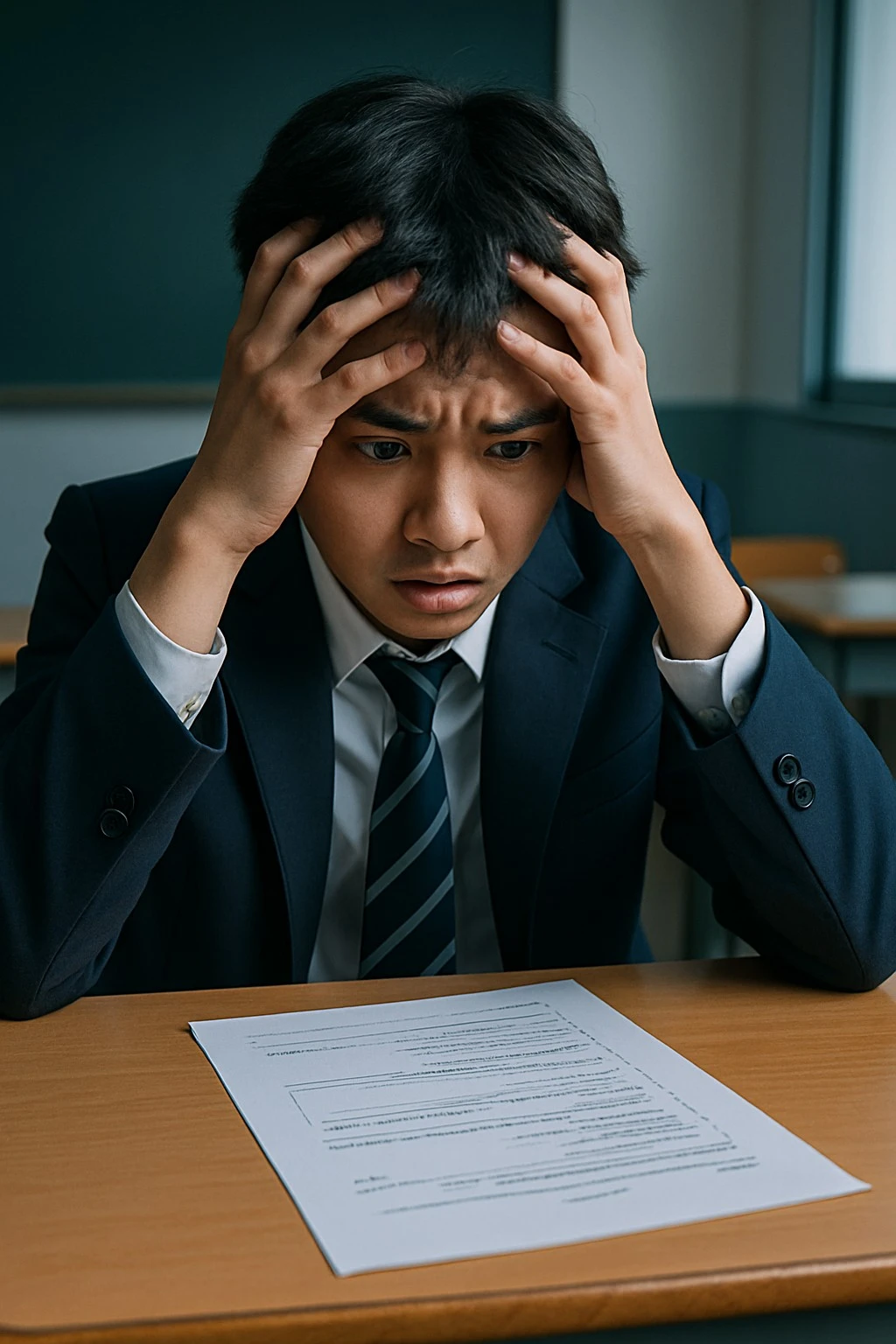 망친 시험으로 고민하는 학생의 모습