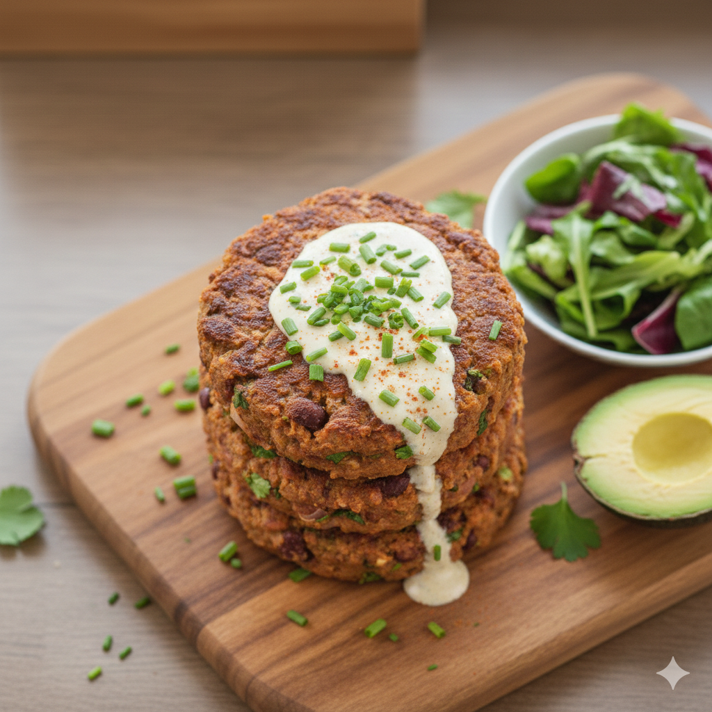 으깬 강낭콩과 곡물을 섞어 두툼하게 빚어낸 뒤 노릇하게 구운 비건 패티