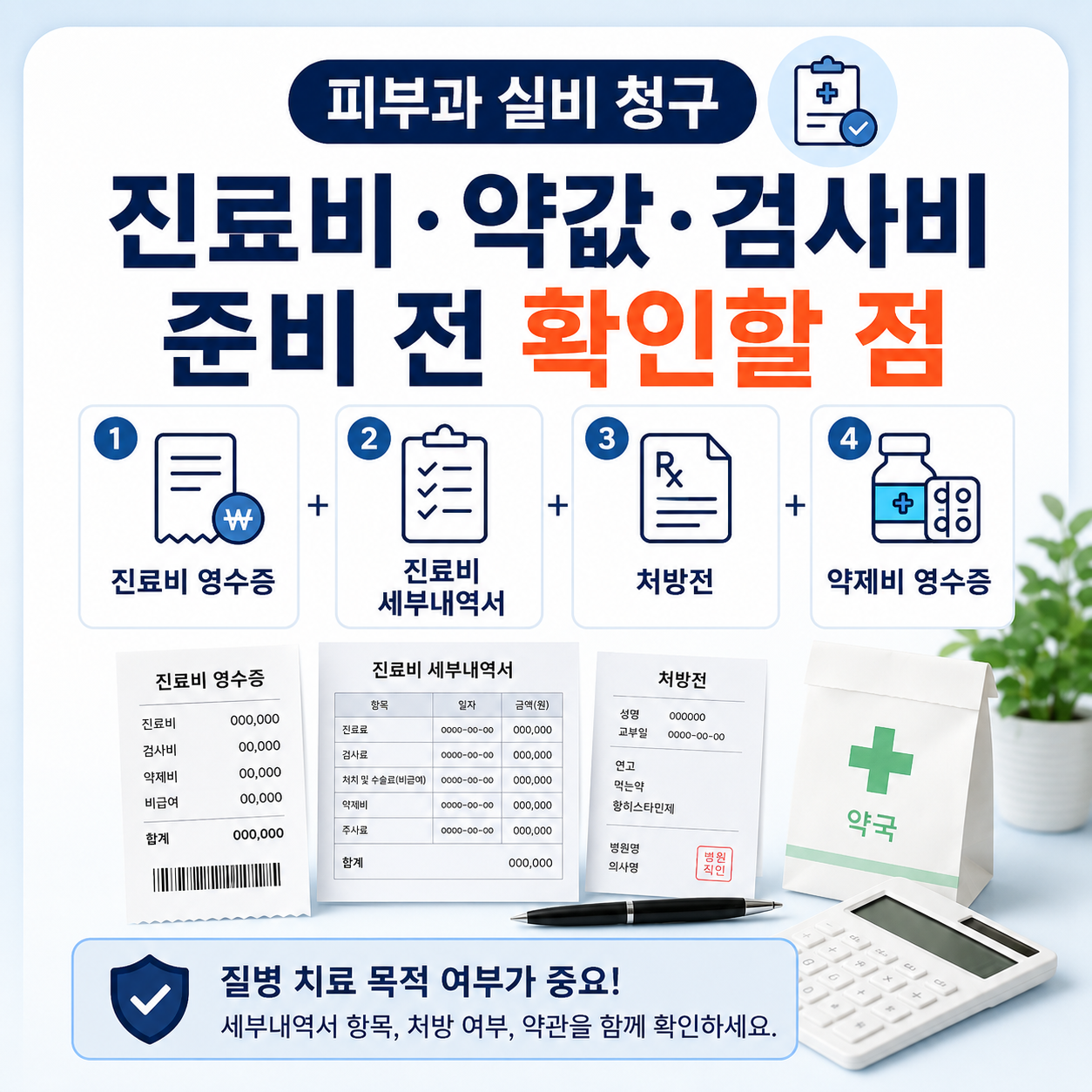 피부과 실비 청구 전 진료비 약값 검사비와 세부내역서 준비 서류를 확인하는 카드형 대표 이미지